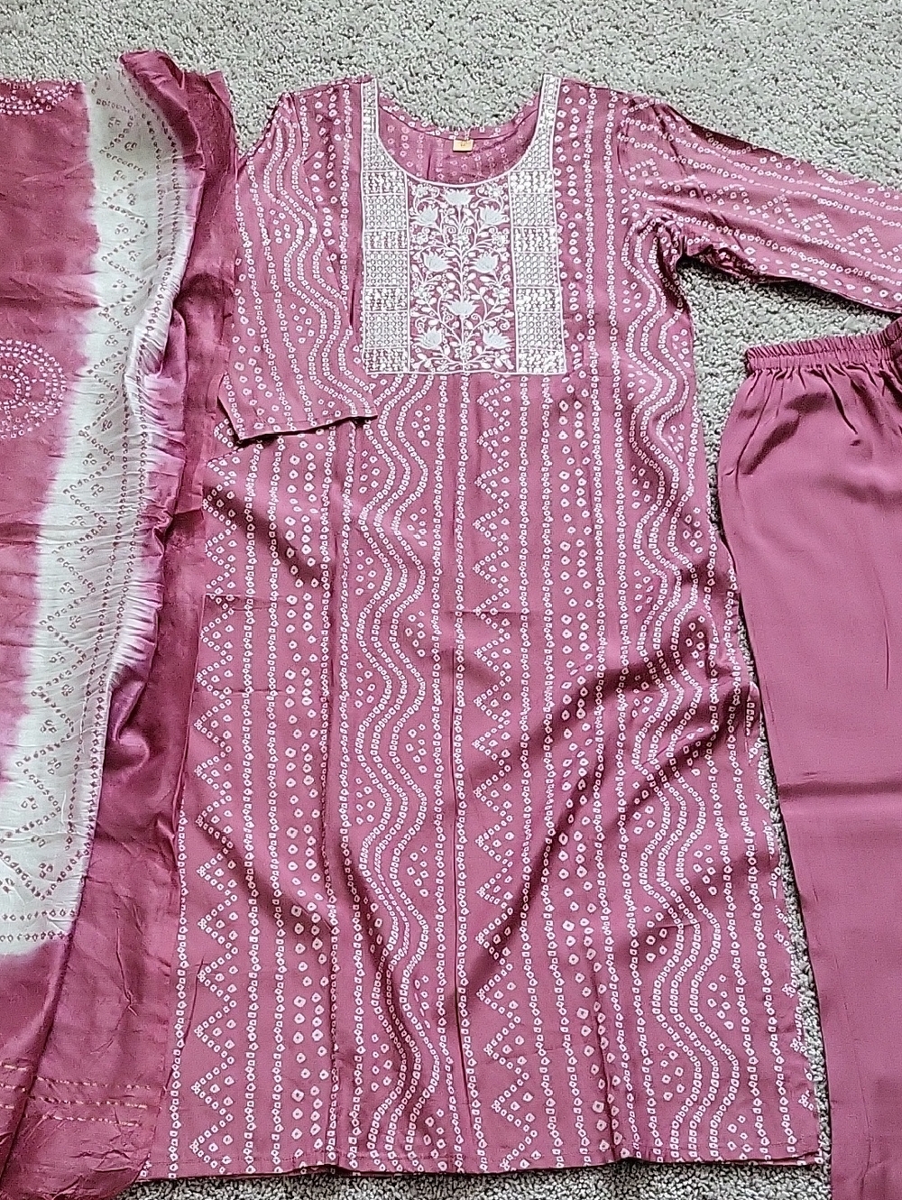 Kurta 3 Piece Set- Mauve Printed-Pajama Set with White Accents